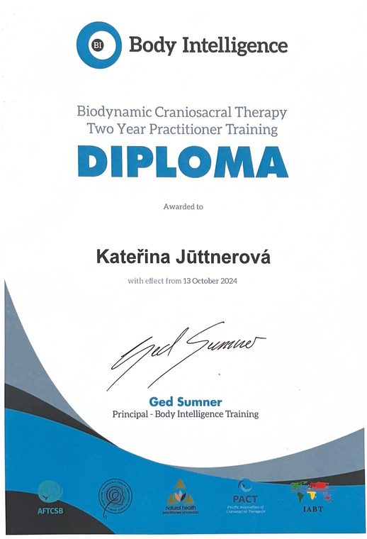 Diplom Body Intelligence Training pro Kateřinu Jüttnerovou, dvouletý praktikantský výcvik biodynamické kraniosakrální terapie, platný od 13. října 2024.